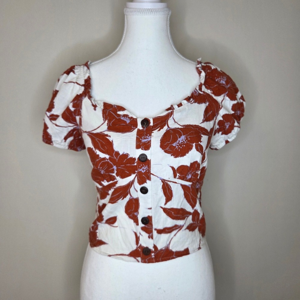Monteau Los Angeles Rust Floral Linen Blend Cropped Blouse Coastal Cowgirl‎ Med